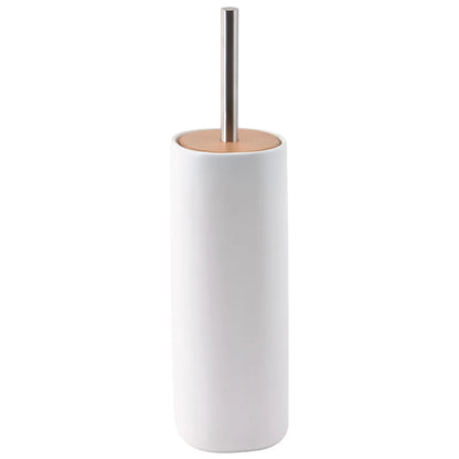 White toilet brush holder with a wooden base and metal handle on a white background