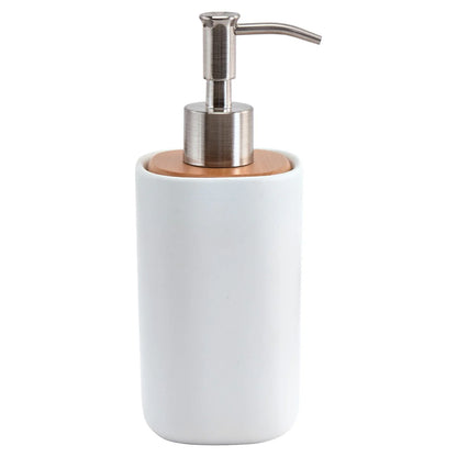 White soap dispenser with wooden top and silver pump on a white background