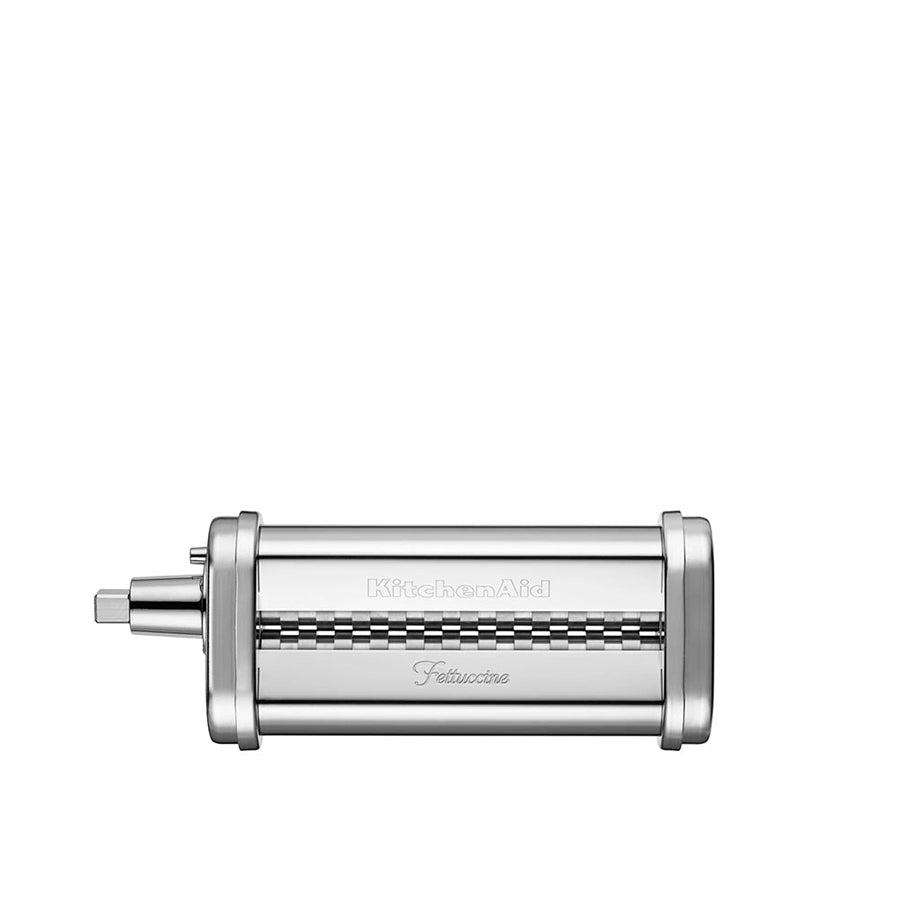 Silver pasta maker attachment with 'KitchenAid' branding on a white background