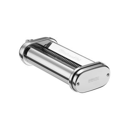 Stainless steel pasta roller on a white background