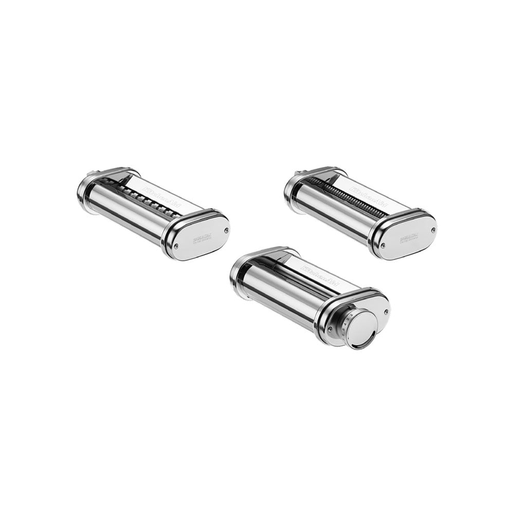Three chrome cylindrical objects on a white background
