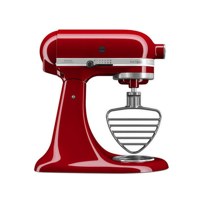 Pastry Beater-Red stand mixer with a silver whisk attachment on a white background