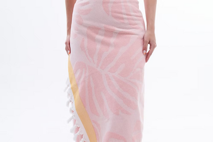 Premium Vivace Cotton Beach Towel-Pink and yellow patterned towel with tassels on a white background