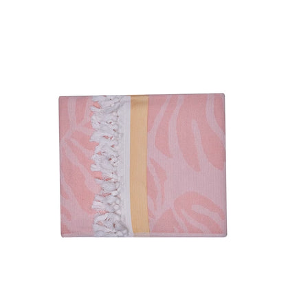Premium Vivace Cotton Beach Towel-Pink patterned towel with white fringe and a yellow stripe on a white background