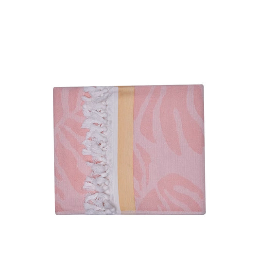 Premium Vivace Cotton Beach Towel-Pink patterned towel with white fringe and a yellow stripe on a white background