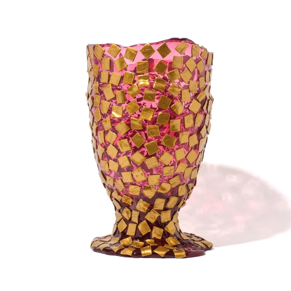 Rock Vase - Clear Light Fuchsia And Gold