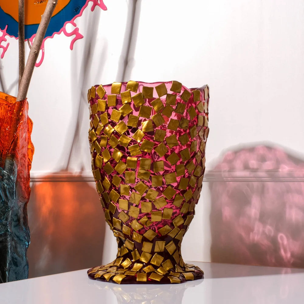 Rock Vase - Clear Light Fuchsia And Gold