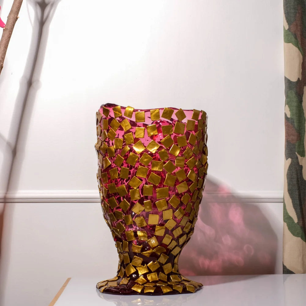 Rock Vase - Clear Light Fuchsia And Gold