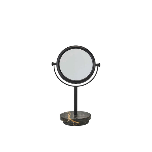 Round stand-up mirror with black frame and marble base on a white background