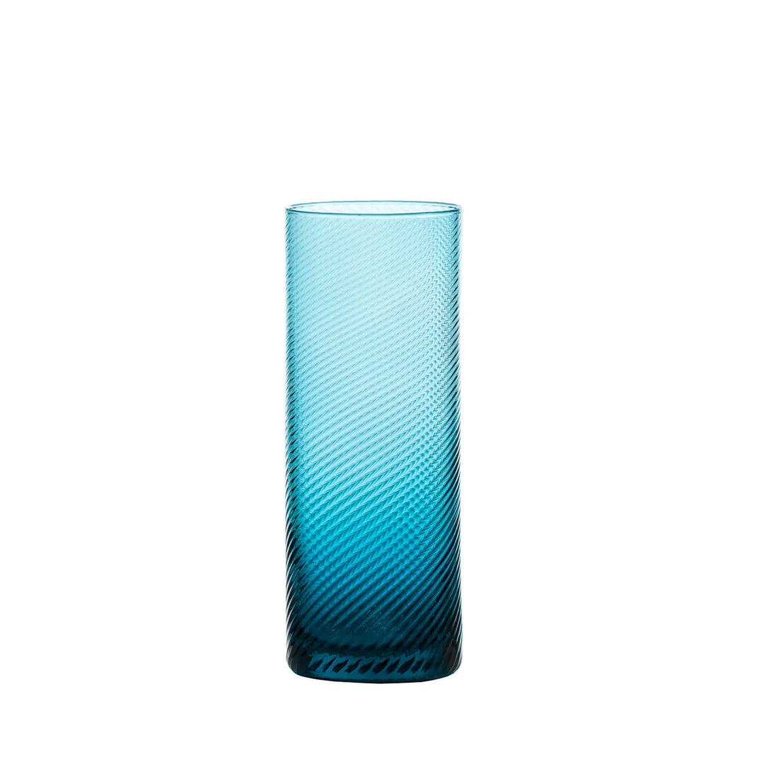 Blue glass vase with textured pattern on a white background
