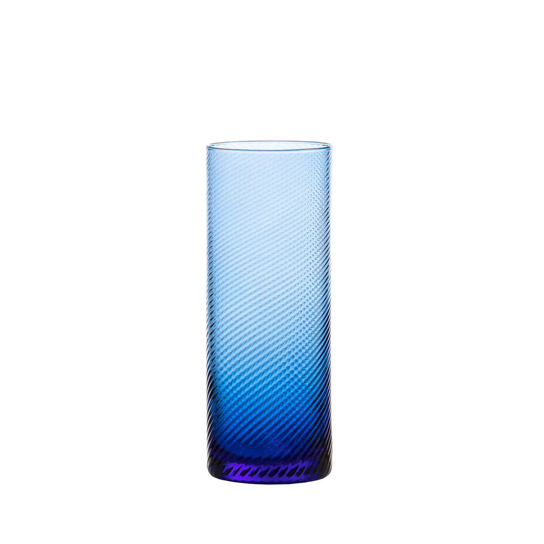 Blue glass vase with textured design on a white background