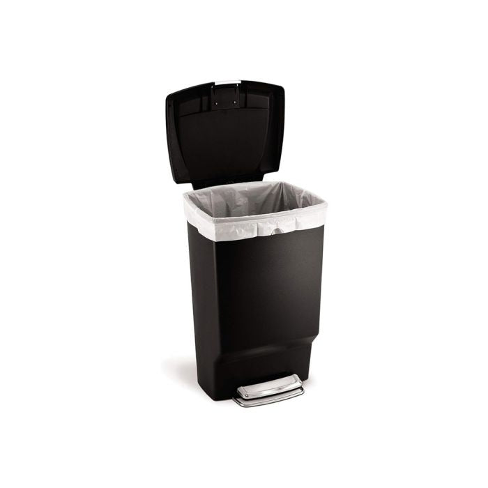 Simplehuman Black Rectangular Bin-Black trash bin with open lid on a white background