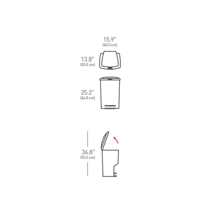 Simplehuman Black Rectangular Bin-Measurement chart showing dimensions of a product with line drawings and measurements in inches and centimeters.