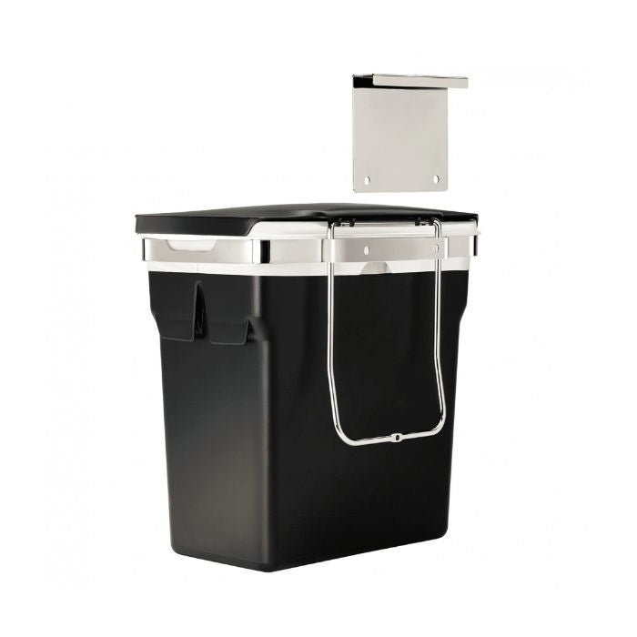 Simplehuman In-Cabinet Bin-Black trash bin with a silver lid and handle on a white background