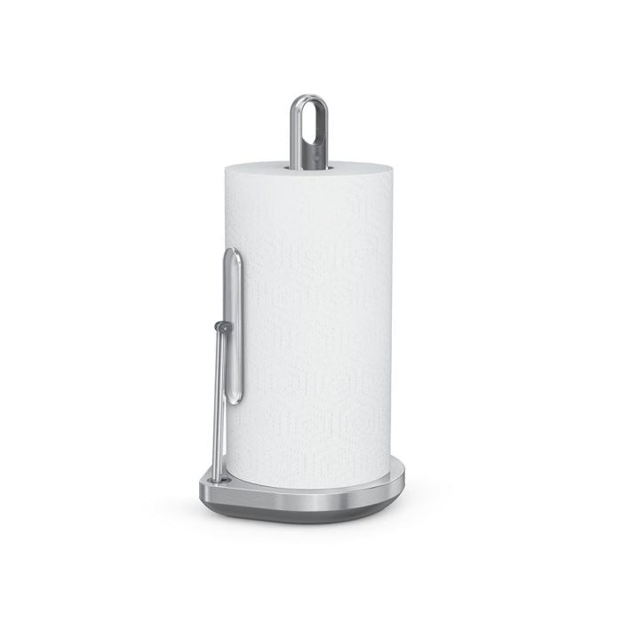 Simplehuman Kitchen Roll Holder with Spray Pump White paper towel roll on a stand with a silver base and holder 