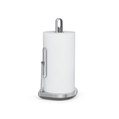 Simplehuman Kitchen Roll Holder with Spray Pump White paper towel roll on a stand with a silver base and holder 