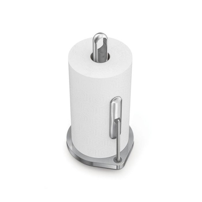 Simplehuman Kitchen Roll Holder with Spray Pump White paper towel holder with metallic accents 