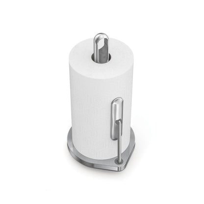 Simplehuman Kitchen Roll Holder with Spray Pump White paper towel holder with metallic accents 