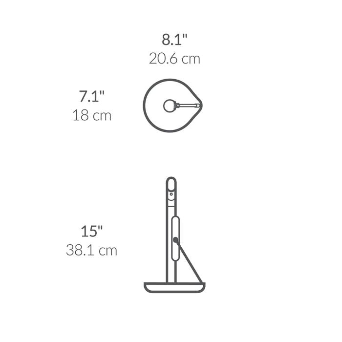 Simplehuman Kitchen Roll Holder with Spray Pump Measurement chart of a lamp with dimensions labeled in inches and centimeters.