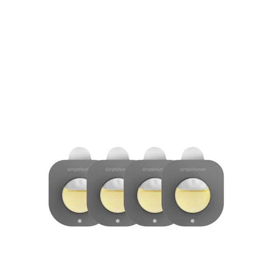 Four gray containers with white lids on a white background