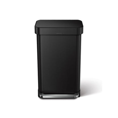Simplehuman Rectangular Pedal Bin with Liner Pocket Black rectangular trash can with silver base 