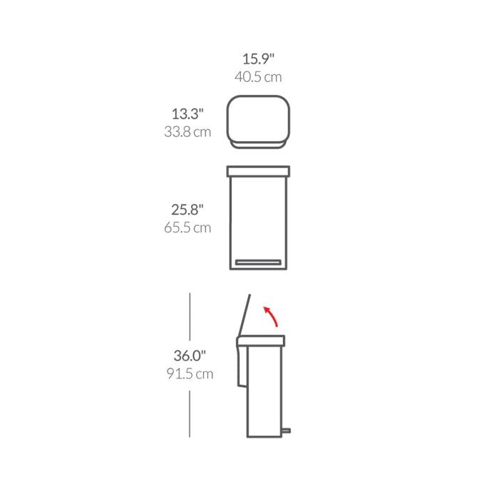 Simplehuman Rectangular Pedal Bin with Liner Pocket Measurement chart for a product with dimensions labeled in inches and centimeters.