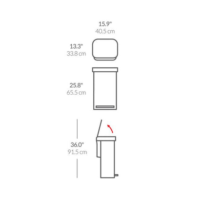 Simplehuman Rectangular Pedal Bin with Liner Pocket Measurement chart for a product with dimensions labeled in inches and centimeters.