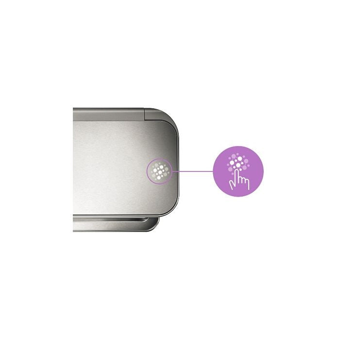 Simplehuman Rectangular Pedal Bin with Liner Pocket Silver electronic device with a purple icon indicating touch sensitivity 