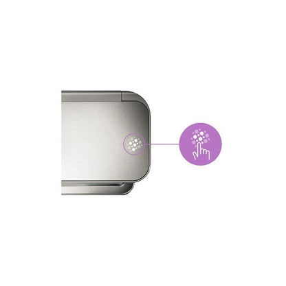 Simplehuman Rectangular Pedal Bin with Liner Pocket Silver electronic device with a purple icon indicating touch sensitivity 