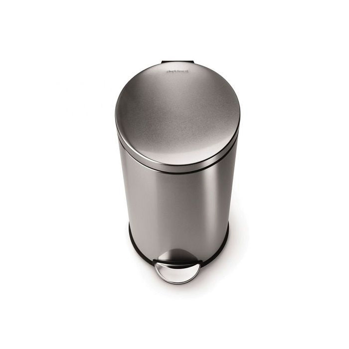 Simplehuman Round Step Bin, 30L-Silver trash can on a white background