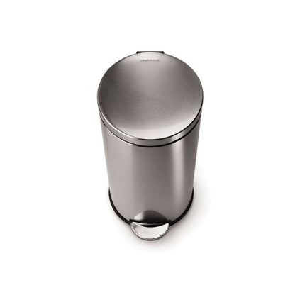 Simplehuman Round Step Bin, 30L-Silver trash can on a white background