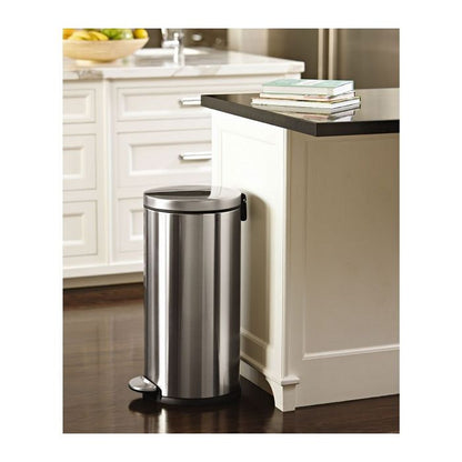 Simplehuman Round Step Bin, 30L-Stainless steel trash can in a kitchen setting
