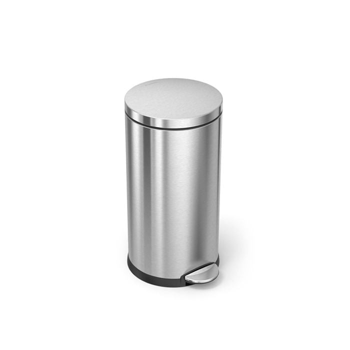 Simplehuman Round Step Bin, 30L-Stainless steel trash can on a white background