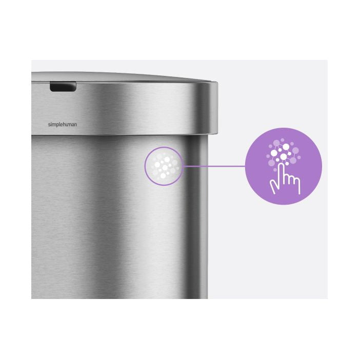 Simplehuman Semi Round Sensor Bin With Liner Pocket-Silver trash can with a focus on the lid and 'simplehuman' branding.