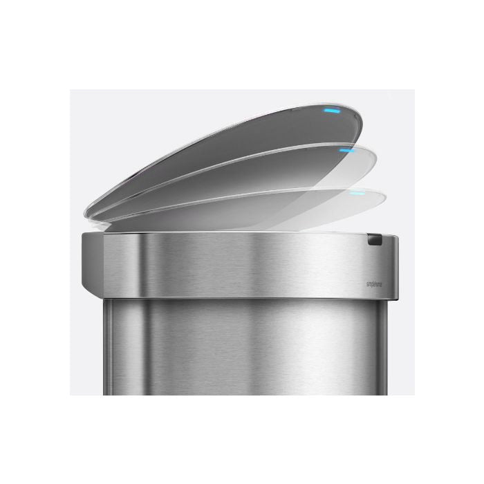 Simplehuman Semi Round Sensor Bin With Liner Pocket-Silver trash can with open lid on a white background