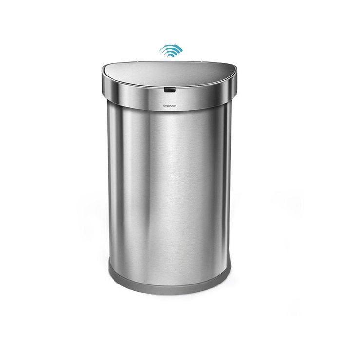 Simplehuman Semi Round Sensor Bin With Liner Pocket-Stainless steel trash can with wireless charging symbol on a white background