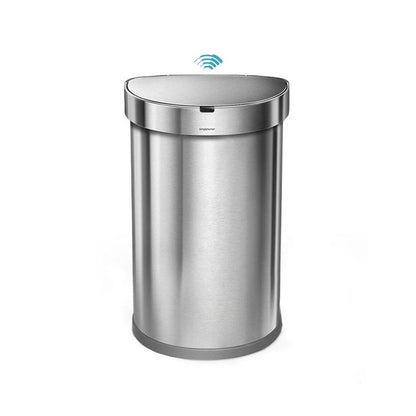 Simplehuman Semi Round Sensor Bin With Liner Pocket-Stainless steel trash can with wireless charging symbol on a white background