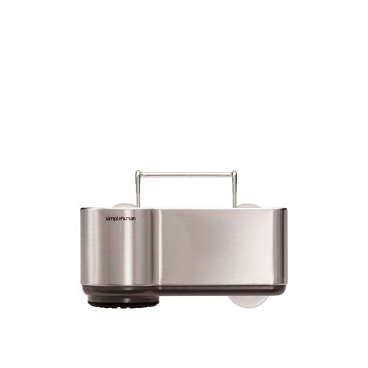 Simplehuman Sink Caddy-Metallic wall-mounted trash can with 'simplehuman' branding on a white background
