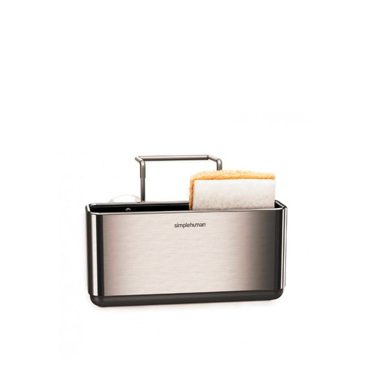 Simplehuman Slim Sink Caddy-Metallic caddy with a sponge and cloth on a white background