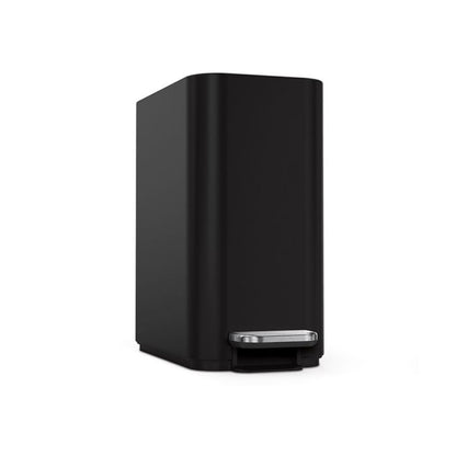Simplehuman Slim Step Bin Black rectangular trash can with a silver foot on a white background