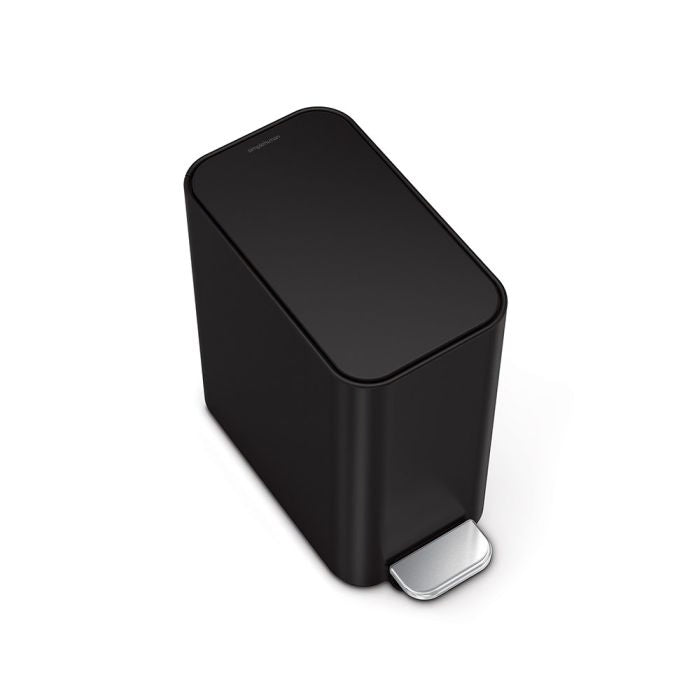Simplehuman Slim Step Bin Black rectangular trash can with a silver foot pedal 