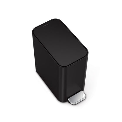 Simplehuman Slim Step Bin Black rectangular trash can with a silver foot pedal 