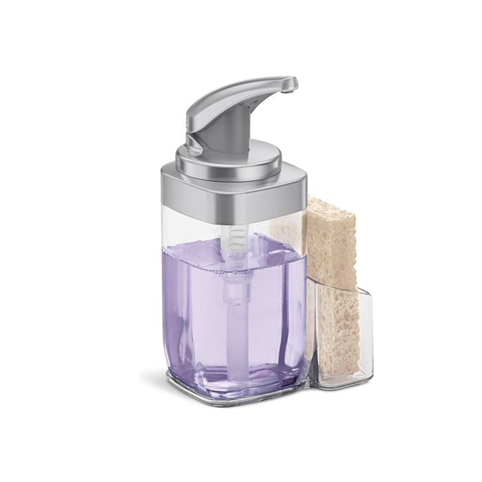 Simplehuman Square Push Soap Pump With Caddy Clear soap dispenser with purple liquid and a sponge holder on a white background