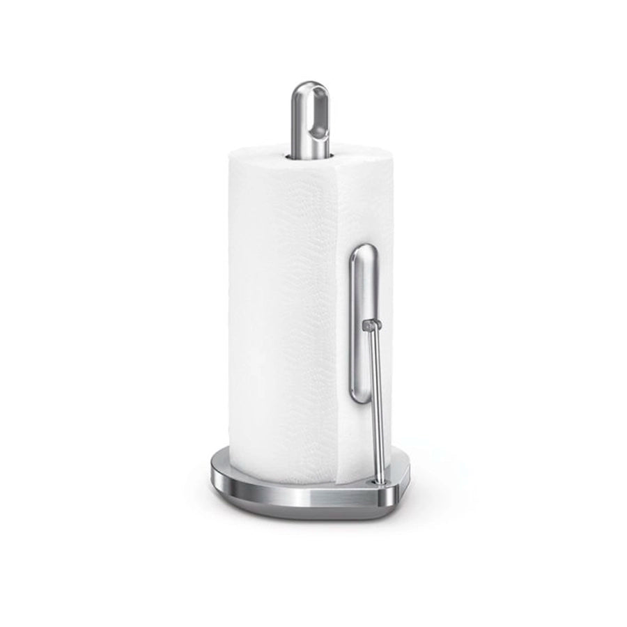 Simplehuman Tension Arm Paper Towel Holder  with a roll of white paper towels 