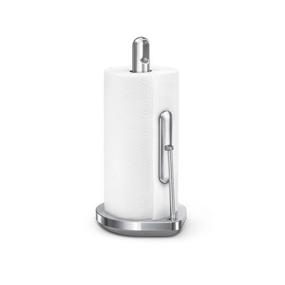 Simplehuman Tension Arm Paper Towel Holder  with a roll of white paper towels 