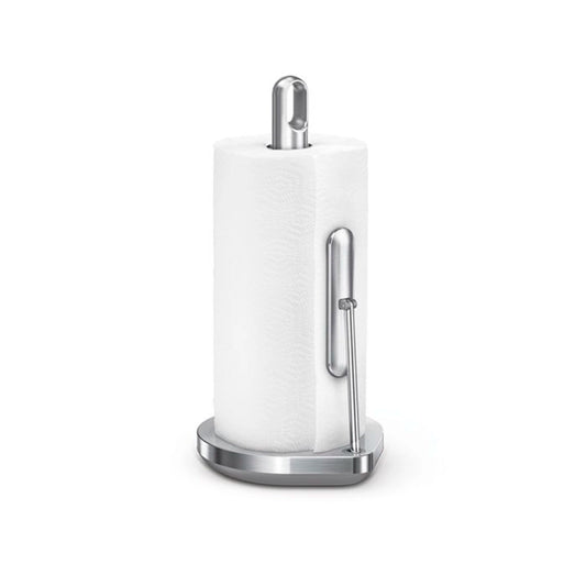 Simplehuman Tension Arm Paper Towel Holder  with a roll of white paper towels 