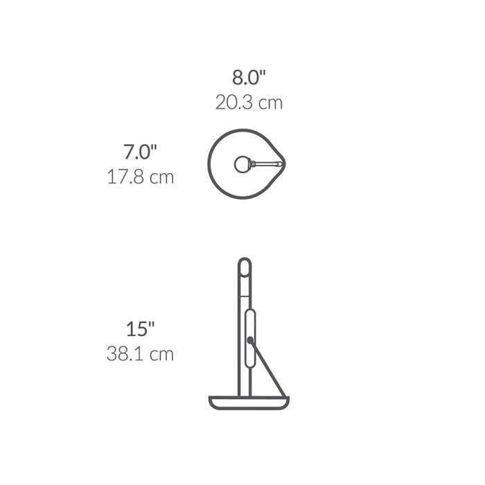 Simplehuman Tension Arm Paper Towel Holder Measurement chart showing dimensions of a product with labels in inches and centimeters.