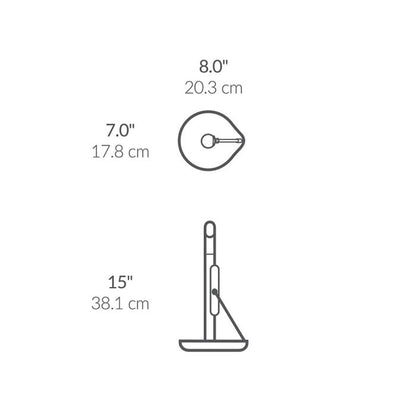 Simplehuman Tension Arm Paper Towel Holder Measurement chart showing dimensions of a product with labels in inches and centimeters.