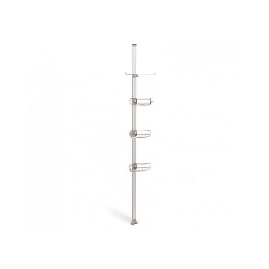 Simplehuman Tension Shower Caddy-Metal shower caddy with multiple hooks on a white background