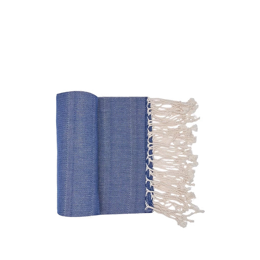 Sole Beach Towel (Navy)-Blue towel with white fringes on a white background